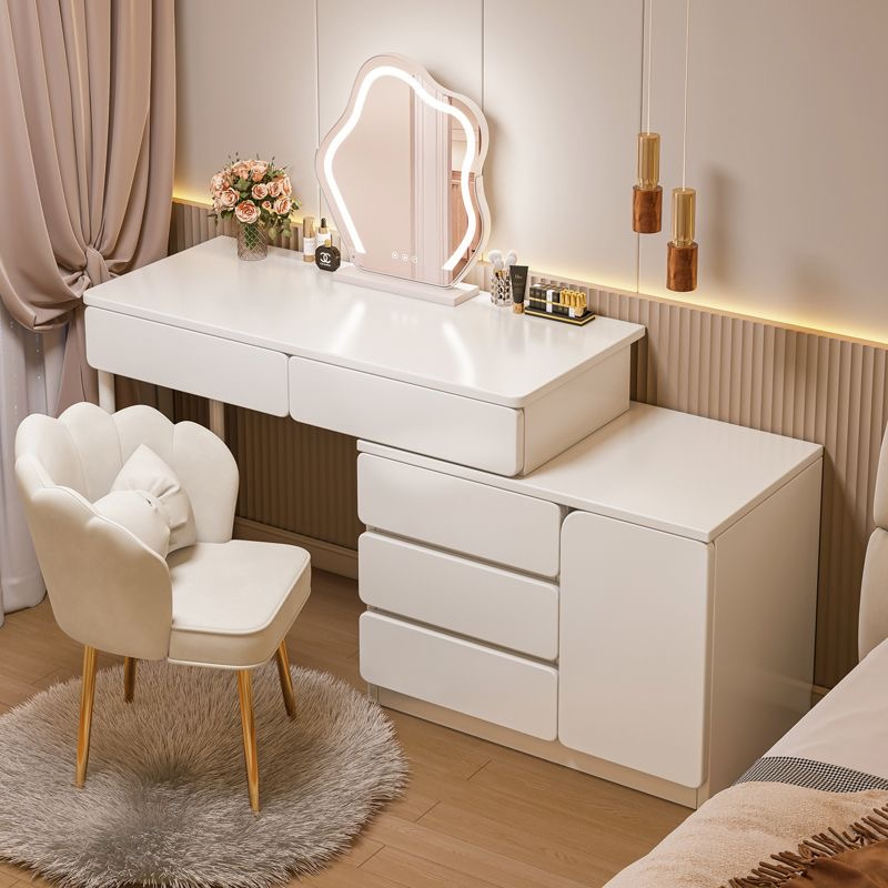 โต๊ะเครื่องแป้งสไตล์มินิมอลกระจกมีไฟ โต๊ะแต่งหน้ามีลิ้นชักสีขาวนมสด Dressing Table ปรับได้ตามพื้นที่