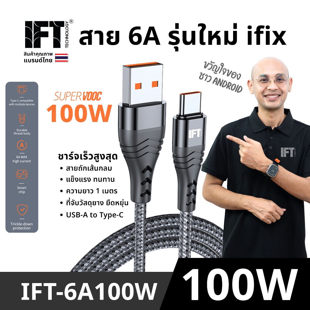 สายชาร์จ 6A รุ่นใหม่ของไอฟิกซ์ รองรับสูงสุด 100W ในแบบ Type-A to Type C มีให้เลือกทั้ง 1ม. และ 2ม.