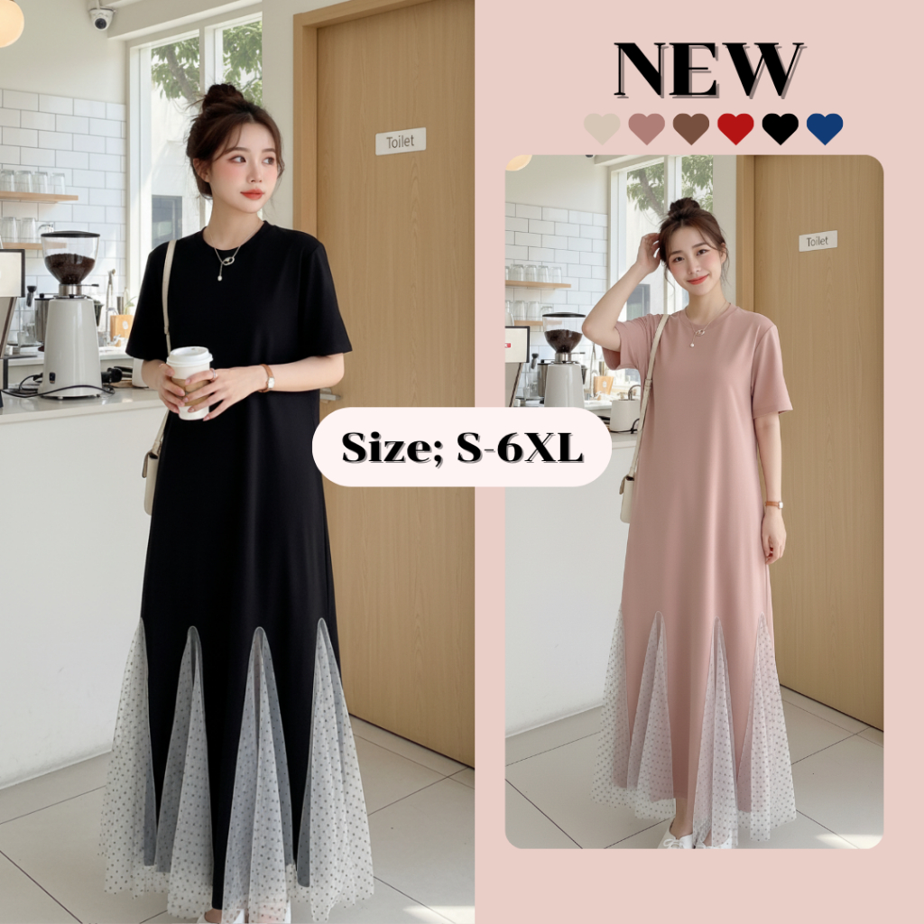 [S-6XL] 🌈 5 สี เดรสยาว เดรสผู้หญิง แขนสั้น ชุดสาวอวบ สีดำลายจุด ตัดต่อผ้าตาข่าย ให้ดูผอมเพรียว เดรสแฟชั่น