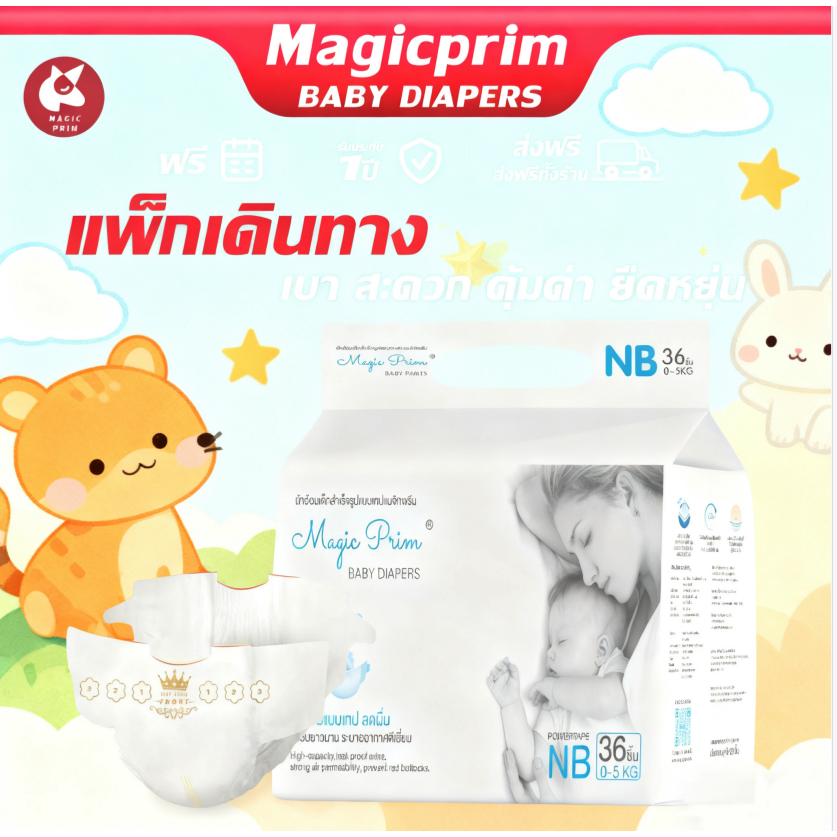 💫แพมเพิสเด็ก Magic Prim JIJI NB 36 ชิ้น ผ้าอ้อมเด็กแรกเกิด แบบเทป นุ่ม บางเบา ซึมซับดี ไม่รั่วซึม