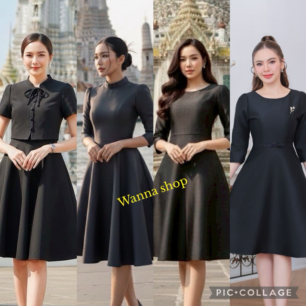 เดรสผ้าไทยจิตรลดา สีดำ แขนศอก อัดกาวทั้งชุด