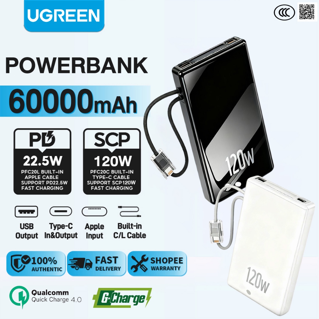 🔥รับประกัน 5 ปี🔥120W พาวเวอร์แบงค์ 60000mAh QC4.0 สายชาร์จในตัว สามารถขึ้นเครื่องบินได้ แบตสำรอง Power Bank
