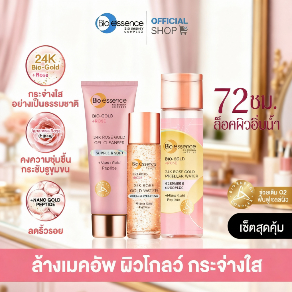 เซต 3 ชิ้น RoseGold ผิวโกลว์ ล้างหน้า+คลีนซิ่ง+น้ำตบ Bio-essence Bio-Rose Gold Cleanser 100g+Micella