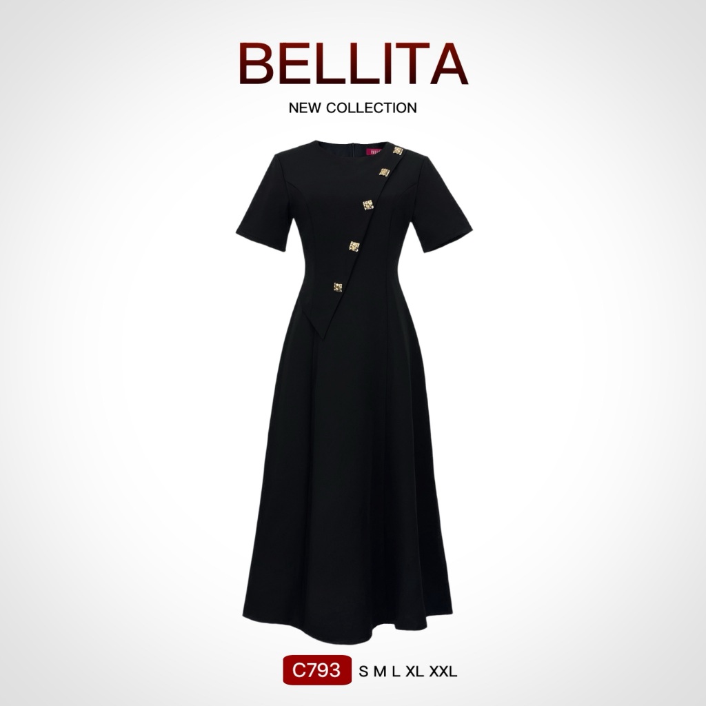 C793 BELLITA  ชุดเดรสสีดำตกแต่งกระดุมสีทอง เรียบหรู สุภาพ ผ้าสูทอย่างดี ใส่ไปทำงาน ออกงาน