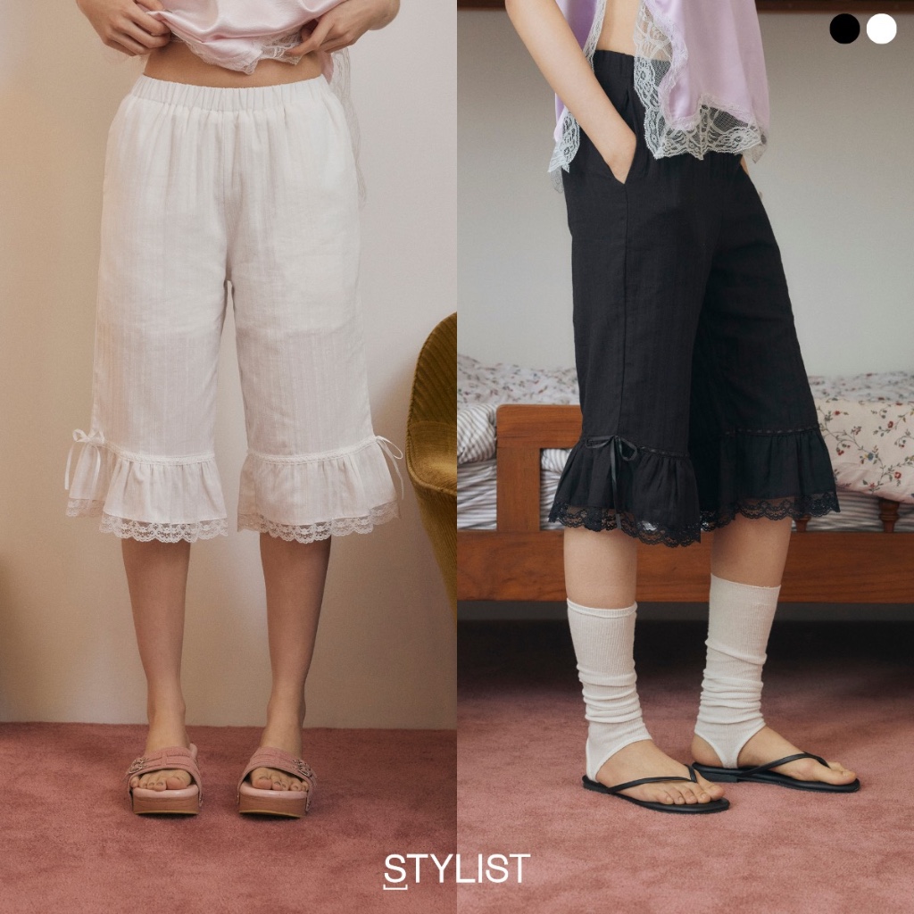 [ ลด 25% วันสุดท้าย ] STYLIST - Ashy Pants-004 กางเกงห้าส่วนขาระบาย ซาติน ลูกไม้