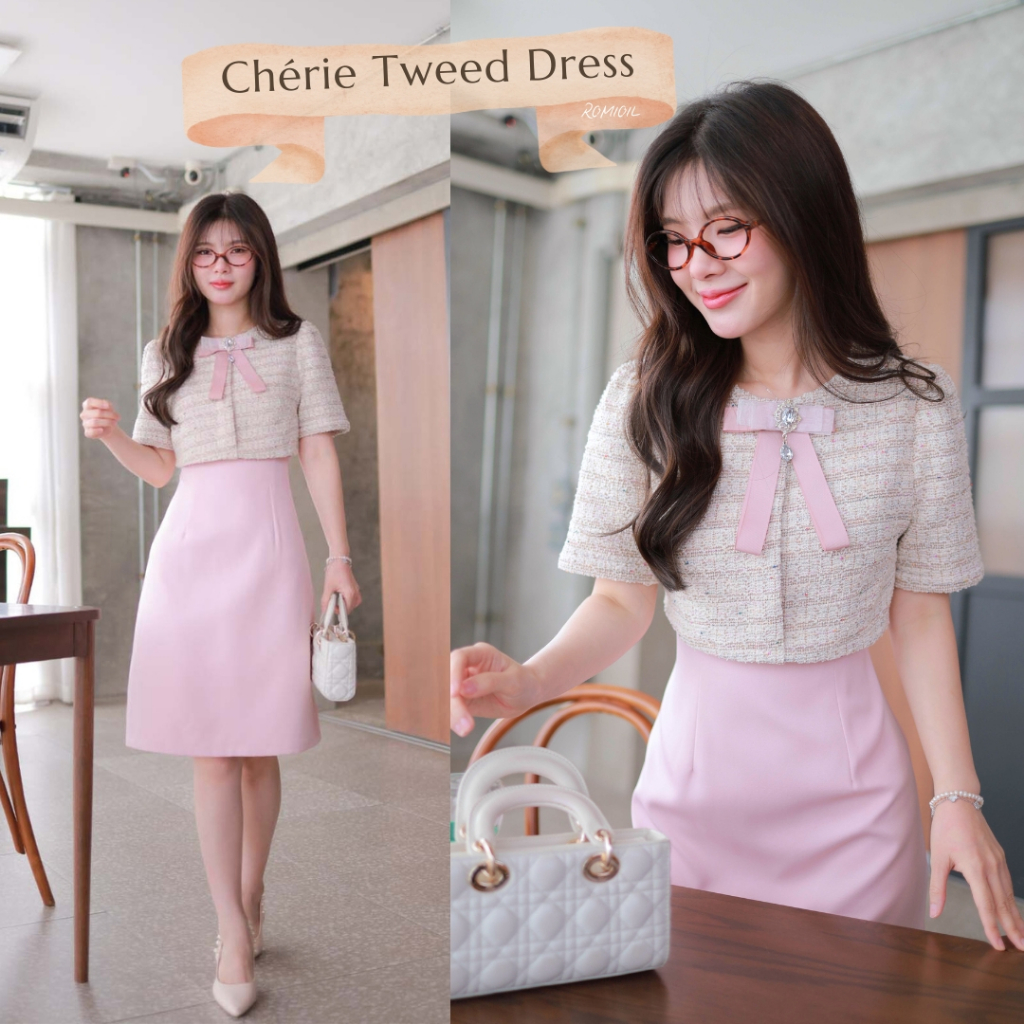 "Romi"Oil" Chérie Tweed Dress K303 ชุดเดรสสีชมพู (ผ้าทวีตมีโบว์เข็มกลัด)