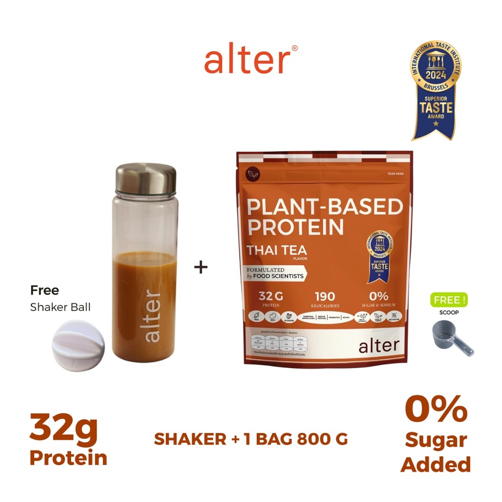 1 Bag with with Alter Shaker : Alter SOY Plant-Based Protein Thai Tea รสชาไทยขนาด800กรัม: โปรตีนพืช 