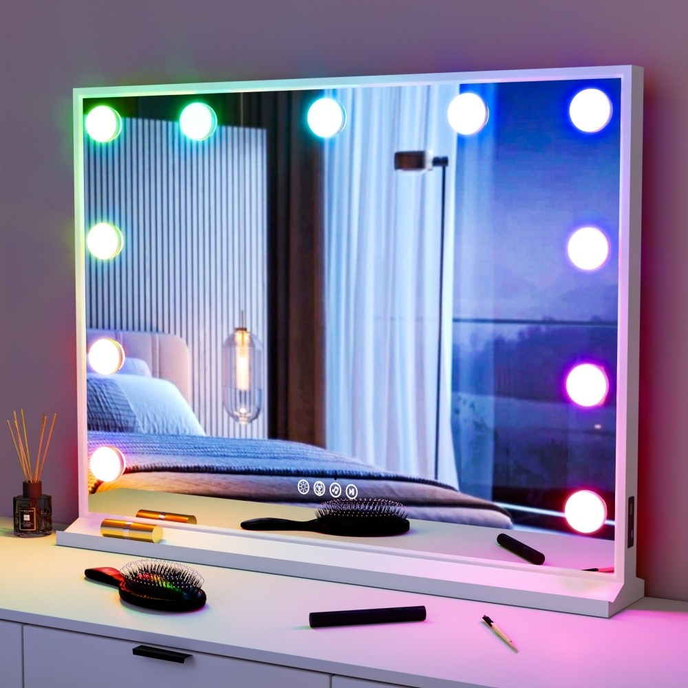RGB LED Hollywood Makeup Mirror กระจกเงาโต๊ะเครื่องแป้งขนาดใหญ่พร้อมหลอดไฟ LED หรี่แสงได้