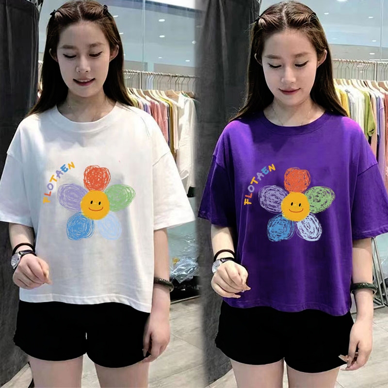 เสื้อครอปคนอ้วนไซส์ใหญ่ Oversize เสื้อผ้าสาวอวบน่ารักๆ เสื้อยืดแฟชั่นผู้หญิงแขนสั้นแบบหลวมสไตล์เกาหลี กําลังฮิตใหม่