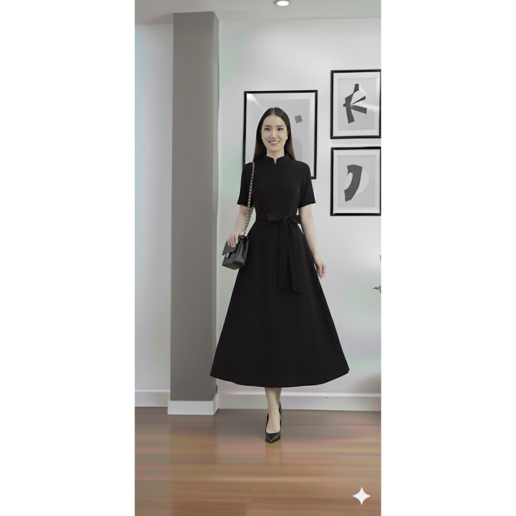 เดรสดำ ชุดดำ พร้อมส่ง‼️ งานเดรสดำคอจีน แต่งโบว์ที่เอว น่ารักมากๆค่ะ สีพื้นกระโปรงทรงย้วยทิ้งตัว แขนสั้นคอเหลี่ยม - รูปที่ 2