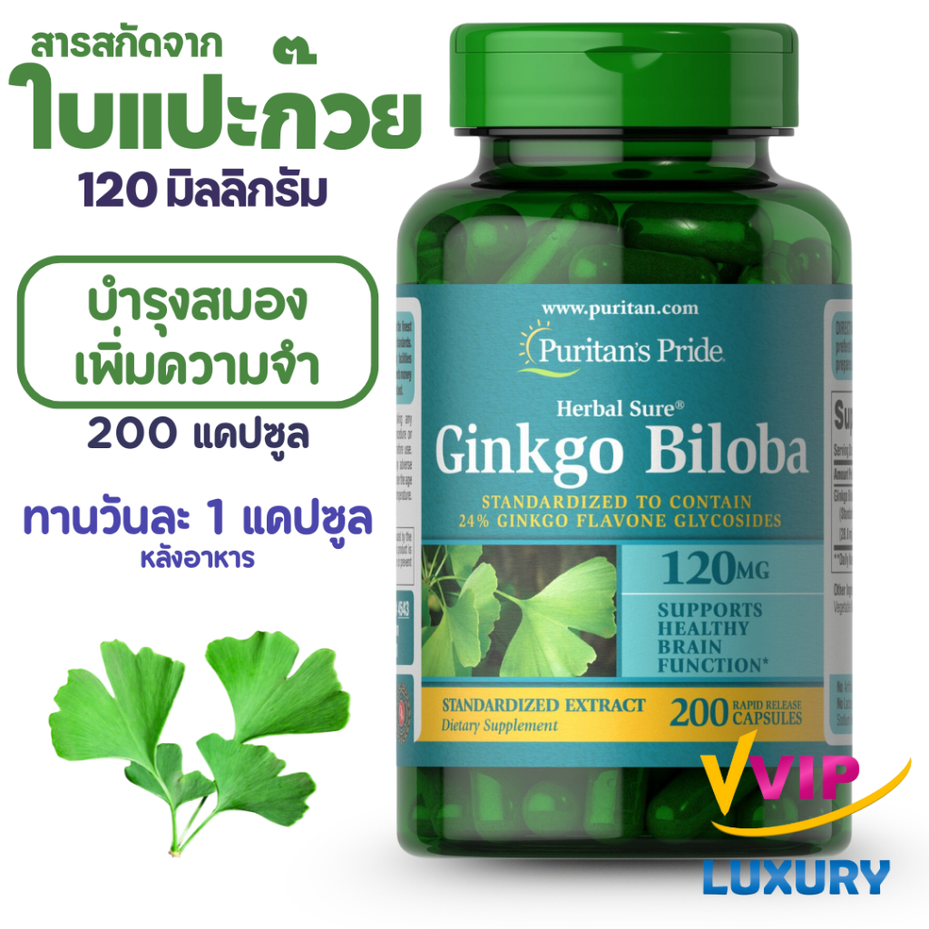 exp12/2028 สารสกัดใบแปะก๊วย Puritan's Pride Ginkgo Biloba Standardized Extract 120 mg 200 แคปซูล