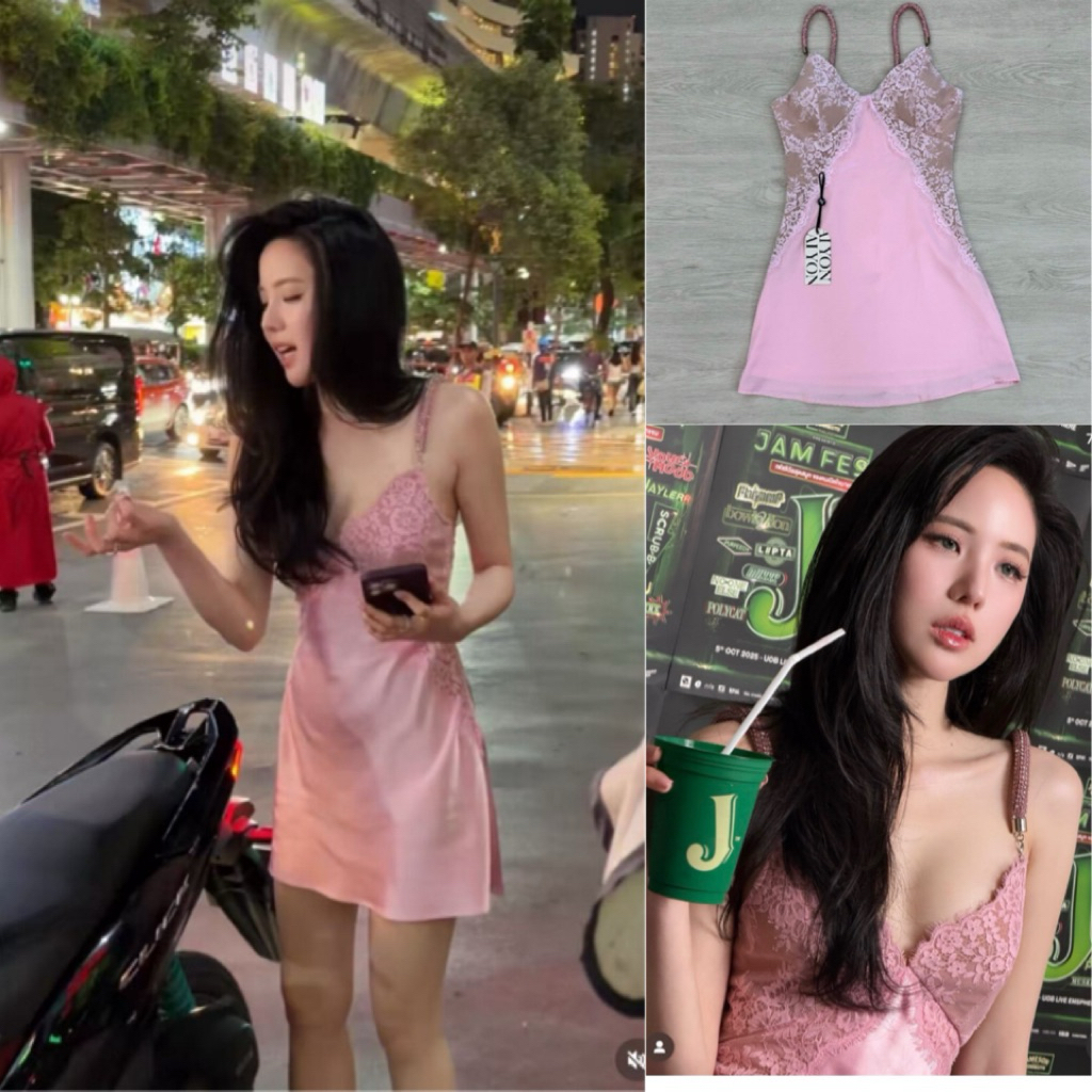 เดรสกระโปรงสายเดี่ยว สายเพรชวิบวับ ทรงพอดีตัวใส่กำลังสวย มีบลาในตัว หน้าอกเว้าทรงบลาเล็กน้อย สีสวยขับผิว