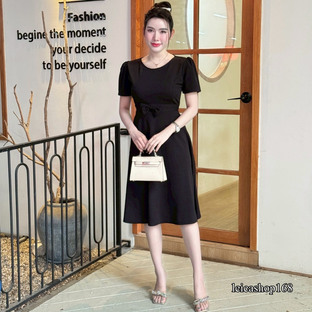 สินค้าพร้อมส่ง ชุดเดรสผ้าวูลเวฟ  แต่งโบว์หน้า พร้อมสายผูกเอว ใส่ทำงาน ใส่ออกงาน เดรสน่ารัก  A7201