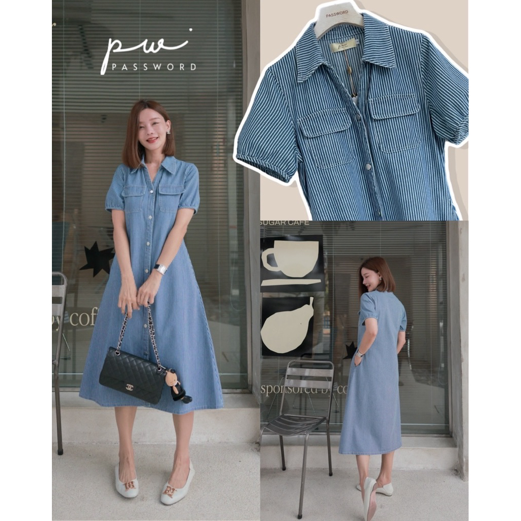 Password 0175 เดรสคอปกผ้ายีนส์ทอลายริ้วเส้นเล็ก