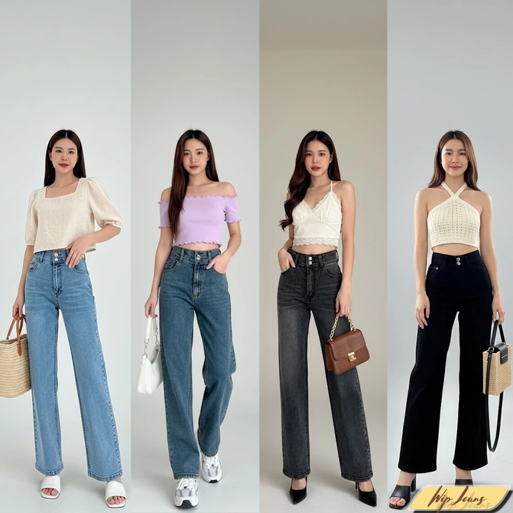 📌มีไซส์ใหญ่Sถึง5XL กางเกงยีนส์ผู้หญิงเอวสูงทรงกระบอกผ้ายืดขากว้างกระดุมคู่ Wide Leg Jeans High Waisted 😍 B046