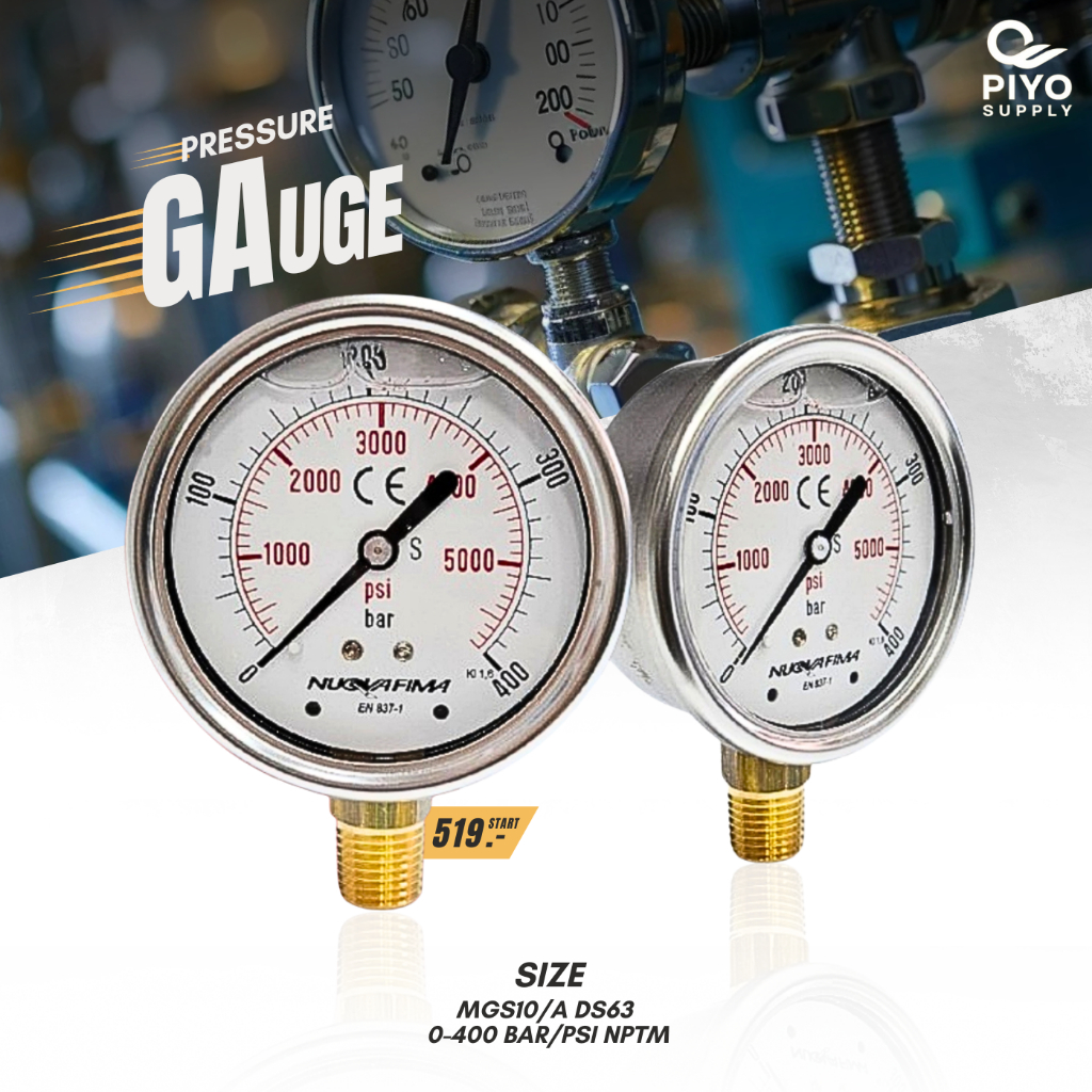 MGS10/A DS63 0-400 BAR/PSI เกจวัดเเรงดัน 1/4" NPTM มีน้ำมัน/ไม่มีนํ้ามัน ทองเหลืองออกล่าง หน้าปัด2.5''63 มิล  NUOVAFIMA