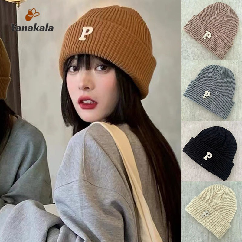 COD🚚เวอร์ชั่นเกาหลี ตัวอักษร P หมวกไหมพรม แฟชั่น อบอุ่น หมวกถัก หมวกกันหนาว สไตล์หวานเย็น-Yanakala