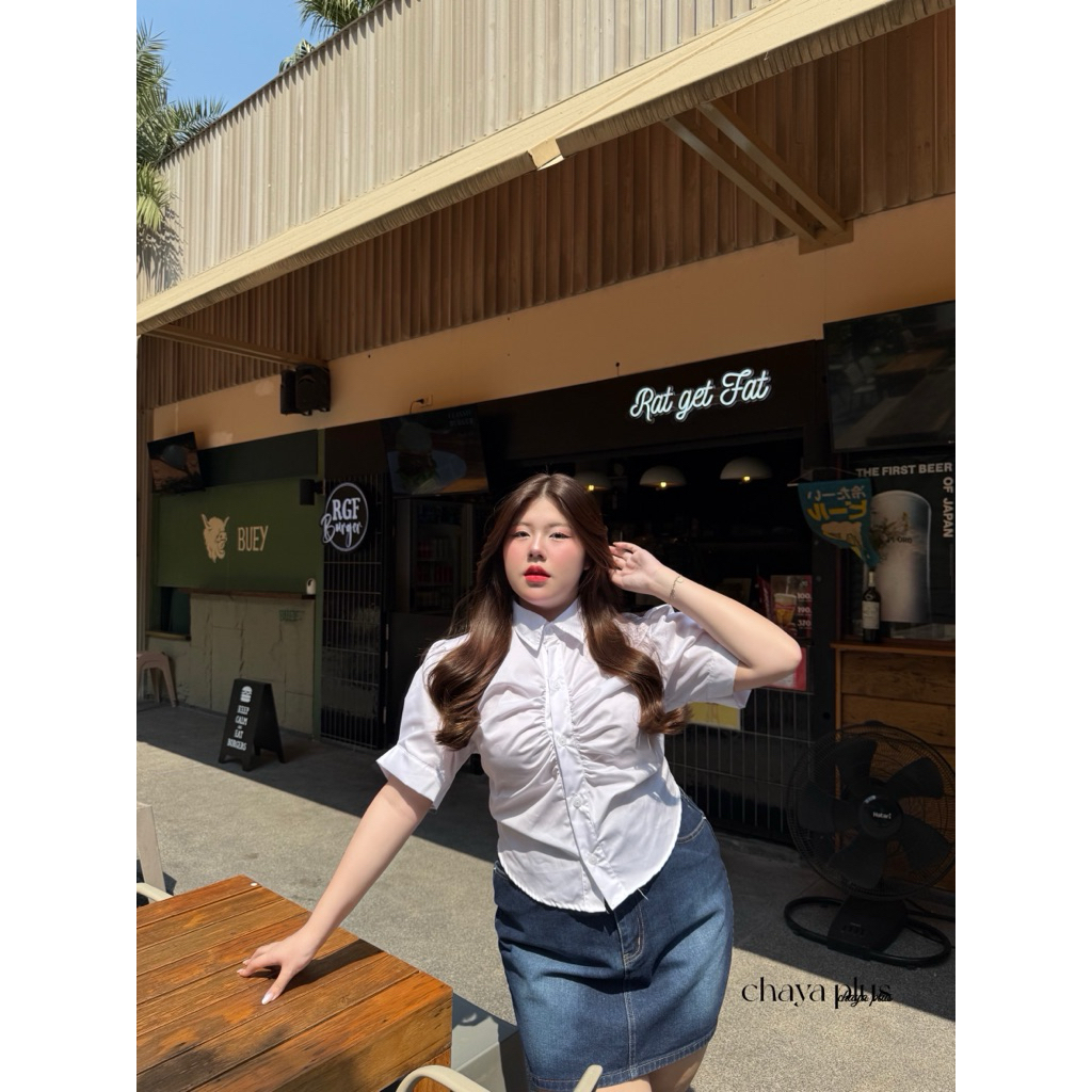 (ถูกสุด/ส่งด่วน!⚡️) A111(CY) เสื้อเชิ๊ตครอปคอปก แต่งจับจีบดีเทลที่อกทรงสวย ใส่ทำงานได้ สาวอวบไซส์ใหญ่ - รูปที่ 4
