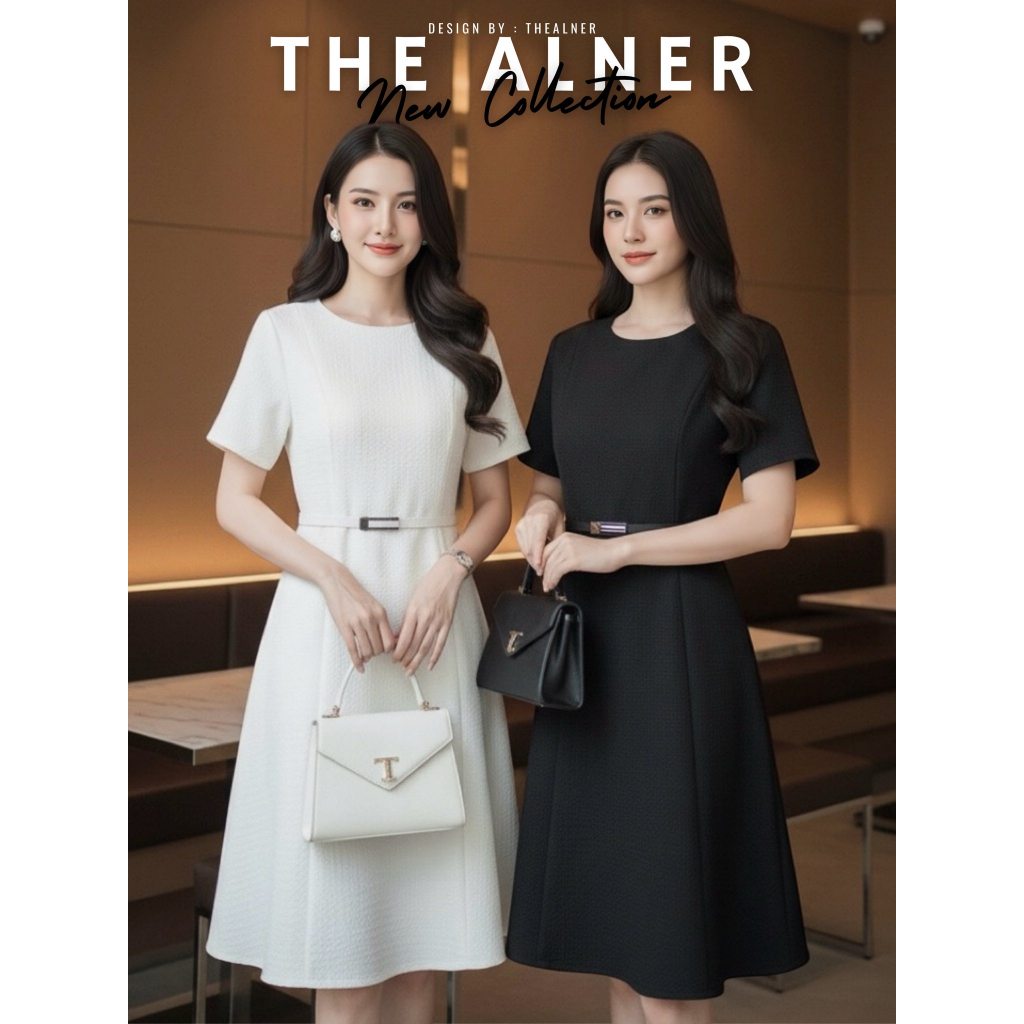 Thealner-AN190 (เดรสคอกลมแขนสั้น+เข็มขัด)