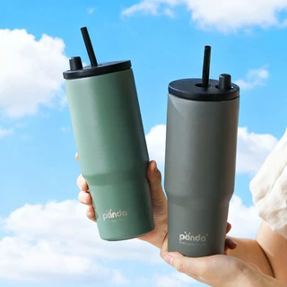 PANDA แก้วกาแฟ สแตนเลส แก้วเก็บความเย็น 750ML แก้วน้ำสแตนเลส316 พร้อมหลอด แก้วน้ำในรถยนต์ แก้วกาแฟ