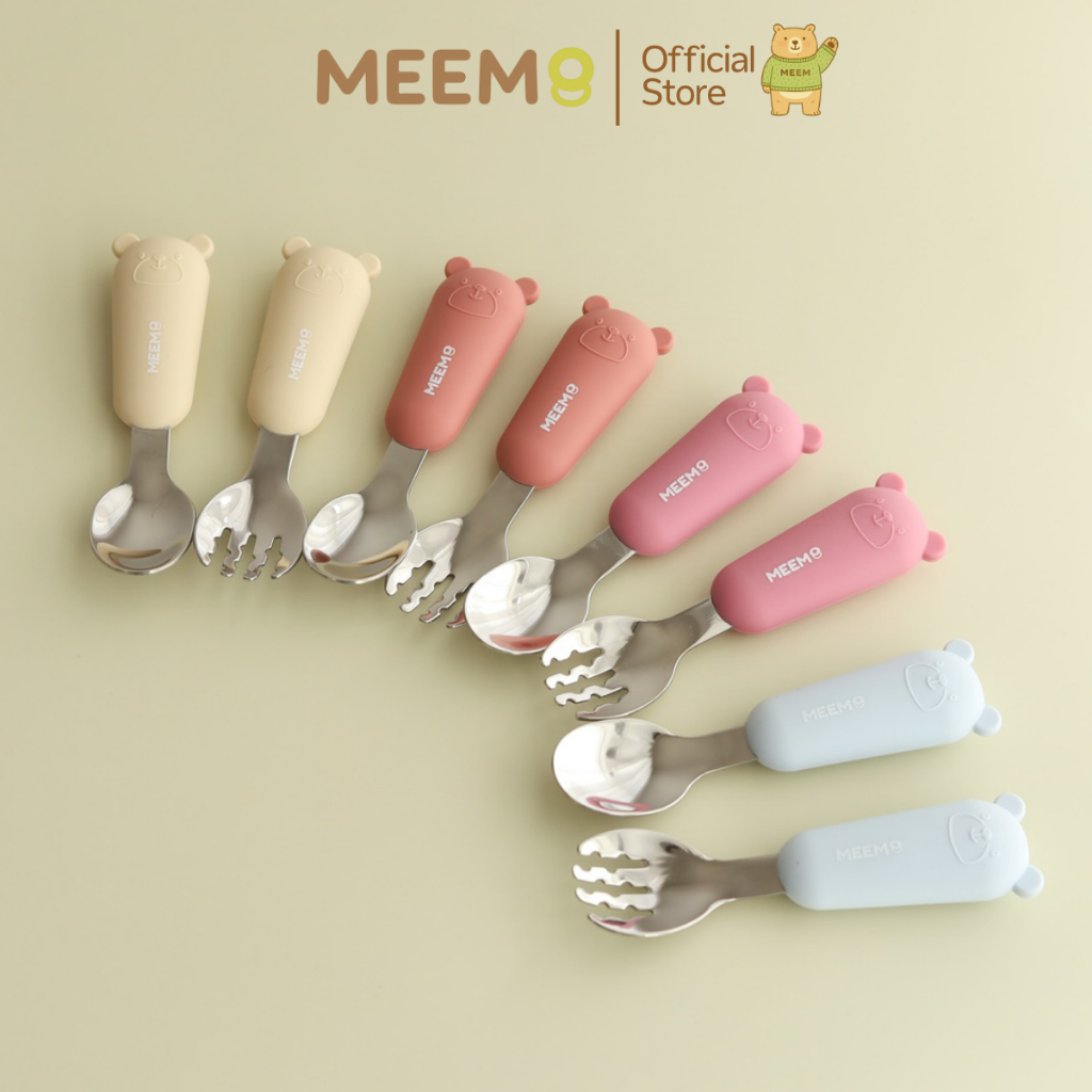 MEEM ช้อนส้อมสแตนเลสฝึกทานอาหาร ด้ามจับซิลิโคน รูปหมี รุ่น Little Bear (Colorful Series)