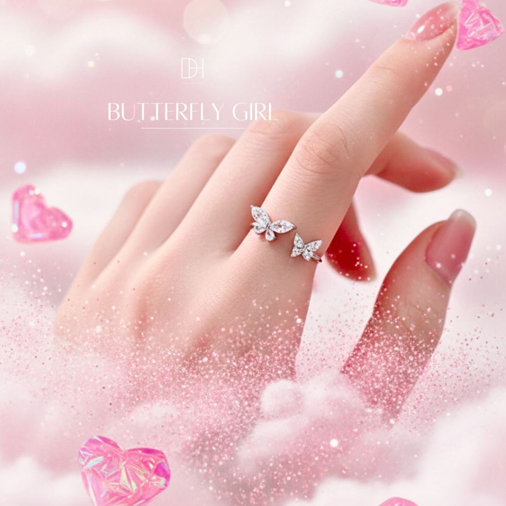 DH แหวนเงินแท้ Butterfly Girl แหวนเพชร แหวนมงคล ปรับขนาดได้ แหวนแฟชั่น แหวนดีไซน