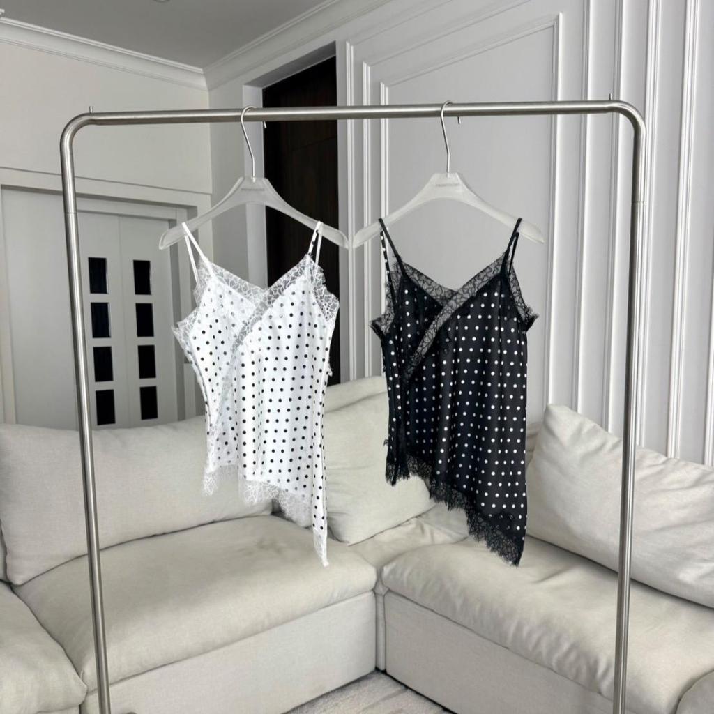 PT290-1 Lace Silk Satin Pokadots  เสื้อสายเดี่ยวซาตินแต่งขอบลูกลายดอท PROMTHONG