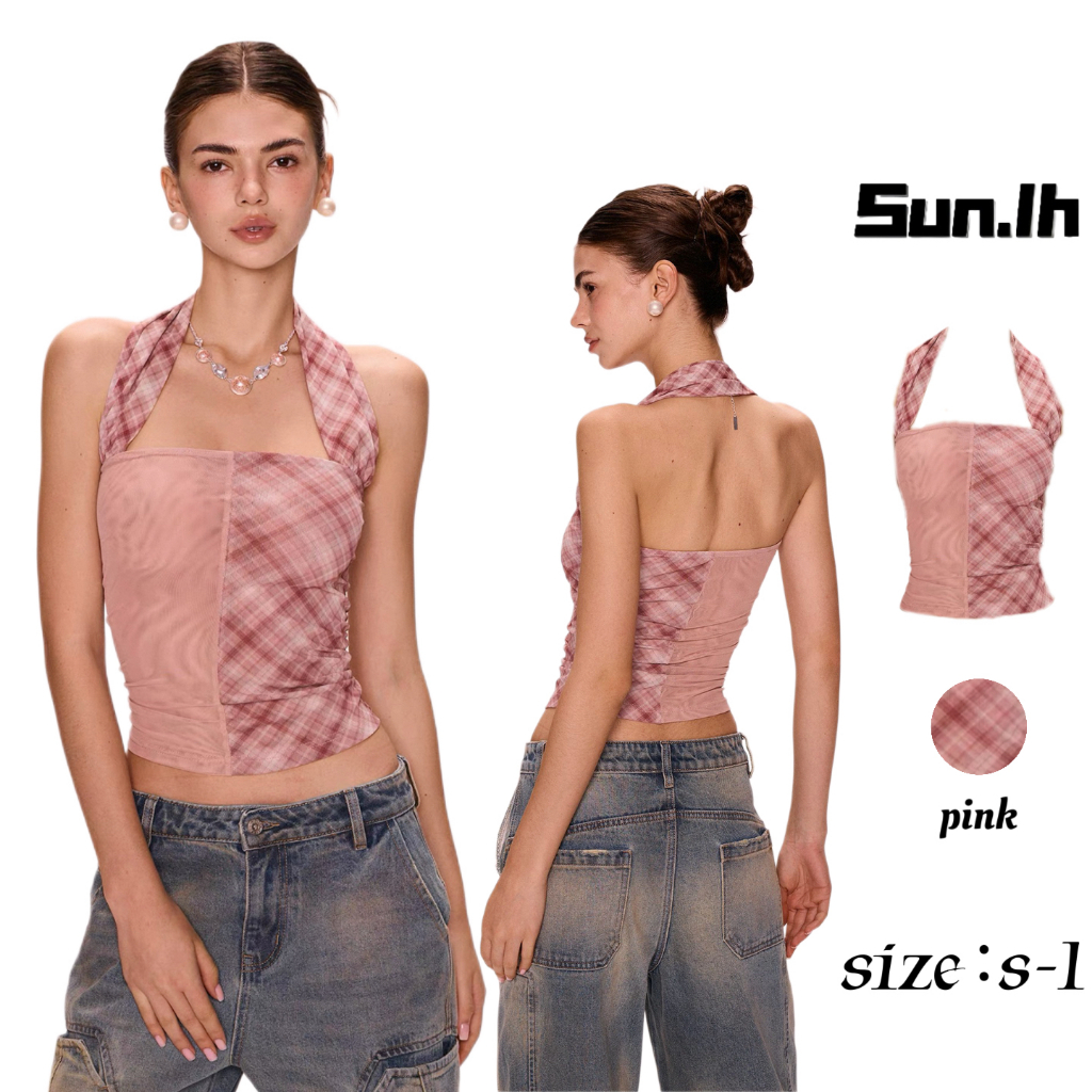 SUN🛍️พร้อมส่ง🛍️เสื้อกล้ามคอวีไขว้ลายสก็อตสีชมพู ดีไซน์ไม่ซ้ำใคร เสื้อกล้ามแขนกุดสำหรับผู้หญิง เหมาะสำหรับใส่ตัวเดียว