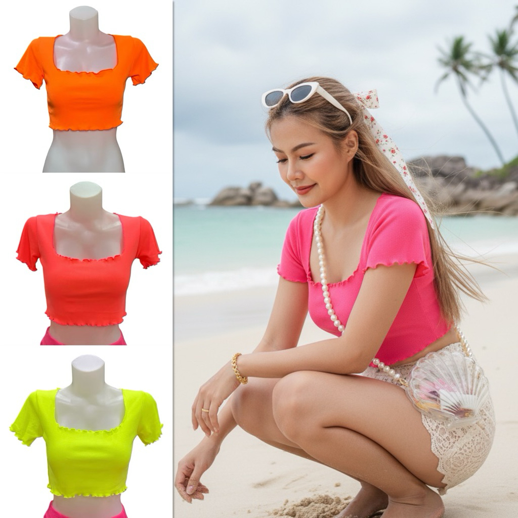 Sns307🥤เสื้อครอป🍫คอเหลี่ยม🍫แขนสั้นขอบหยัก🍺