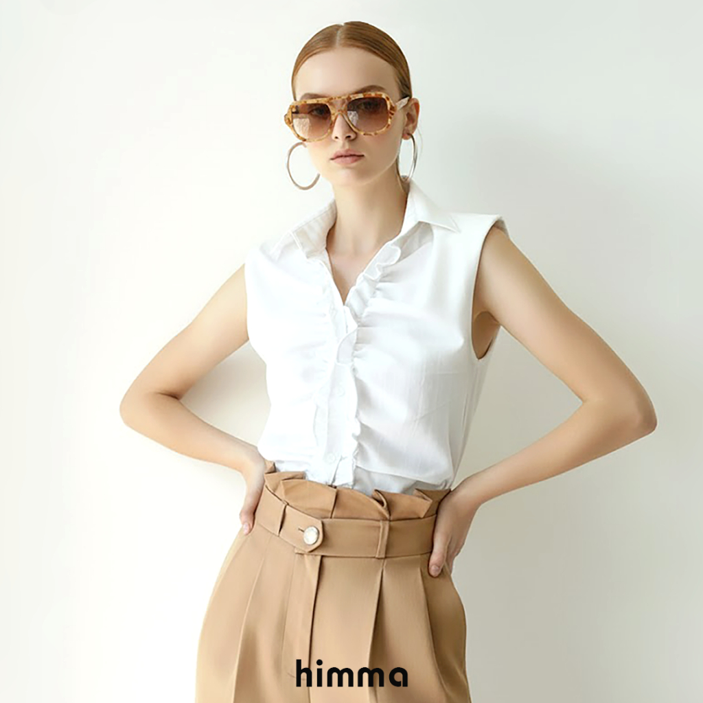 ็himma “Yuri” Shirt  gสื้อเชิ้ตแขนกุดผู้หญิงคอปก ดีเทลระบายหน้า ผ้าคอตตอน
