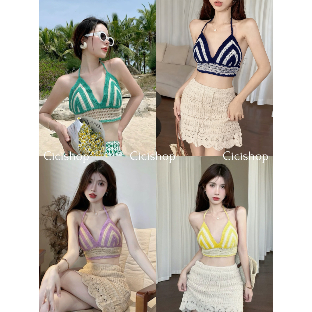 Cicishop(919)บราสายเดี่ยวผ้าถัก สีสันสดใส สไลต์โบฮีเมียนต้อนรับSummerปีนี้สุดๆ