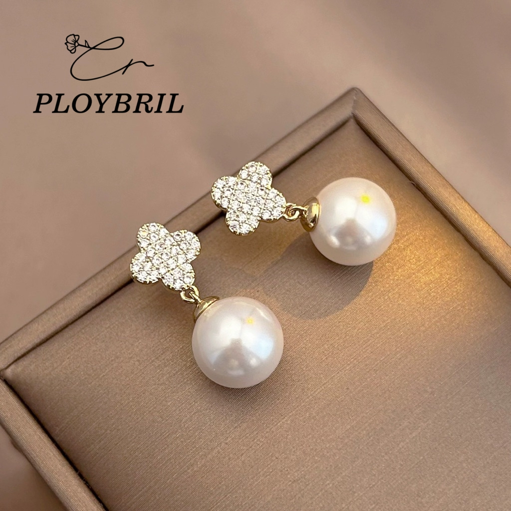 PLOYBRIL E004 ต่างหูไข่มุก ดีไซน์หรู สไตล์เกาหลี ฝังเพชร CZ ประกายสวย ต่างหูผู้หญิง ใส่งานแต่ง ออกงาน แฟชั่นมินิมอล ราคา ถูกที่สุด ดีลบีเคเค