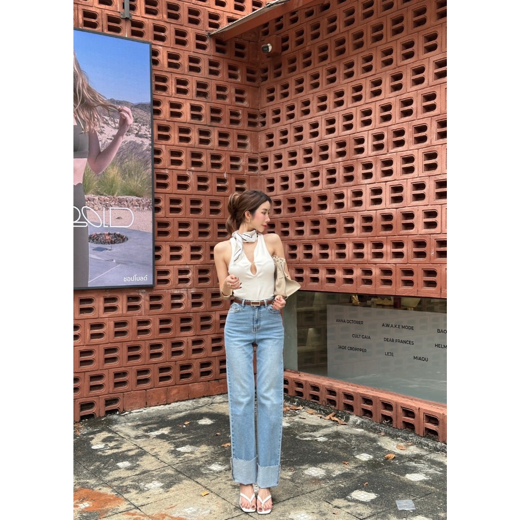 KZ03 • กางเกงยีนส์ทรงกระบอกพับขา ปลายตัด - รูปที่ 2