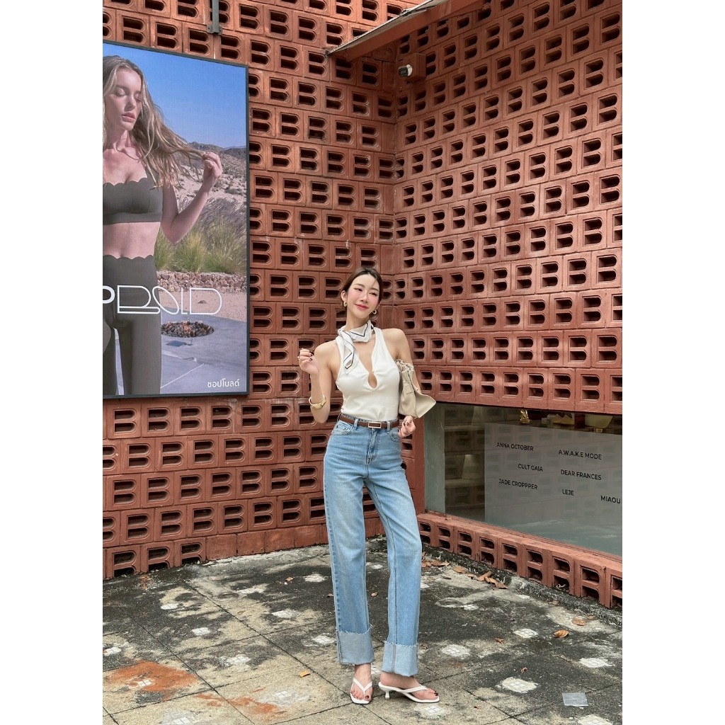 KZ03 • กางเกงยีนส์ทรงกระบอกพับขา ปลายตัด