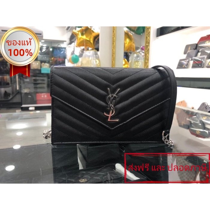 YSL กระเป๋า WOC 393953 หนังวัวลายดอกสีดำ สายโซ่เงิน ดีไซน์ทรงซองจดหมาย สะพายเฉียง ไซส์เล็ก ใหม่ล่าสุด รุ่น RA0070