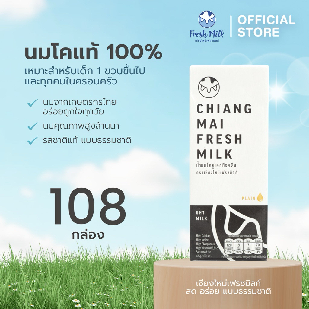 (108 กล่อง/ 3ลัง)สุดคุ้ม Chiangmai Freshmilk เชียงใหม่เฟรชมิลค์ นมUHT รสจืด 180มล. นมคุณภาพสูงล้านนา