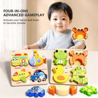 NIKOตัวต่อจิ๊กซอว์ไม้ 4 in 1 ของเล่น educativo สัตว์น่ารัก ของขวัญสำหรับเด็ก: ชุดตัวต่อไม้ 6 ธีม สัตว์น่ารัก