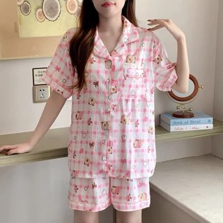 ชุดนอนแขนสั้น-ขาสั้น ชุดนอนผู้หญิง ผ้าไหมญี่ปุ่น L-4XL ลายการ์ตูนน่ารัก ชุดนอนแฟชั่น พร้อมส่ง