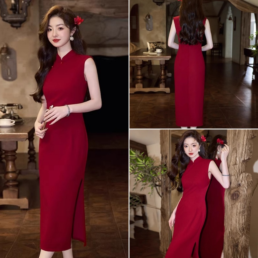 cherryshop พร้อมส่ง ชุดเชิงซัมสไตล์จีนแขนกุดสีแดงสุดเซ็กซี่และสง่างามถือเป็นไอเทมสำคัญสำหรับเทศกาลตรุษจีน สไตล์สลิมฟิต