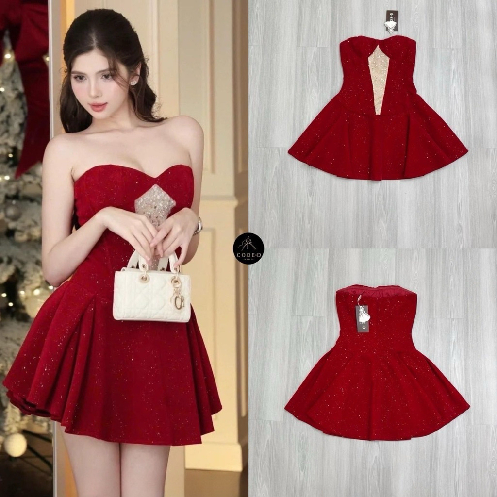 CODE-D CLOSETS มินิเดรสเกาะอกเนื้อผ้ากำมะหยี่สีแดงรีดติดกริสเตอร์เงินทั้งตี