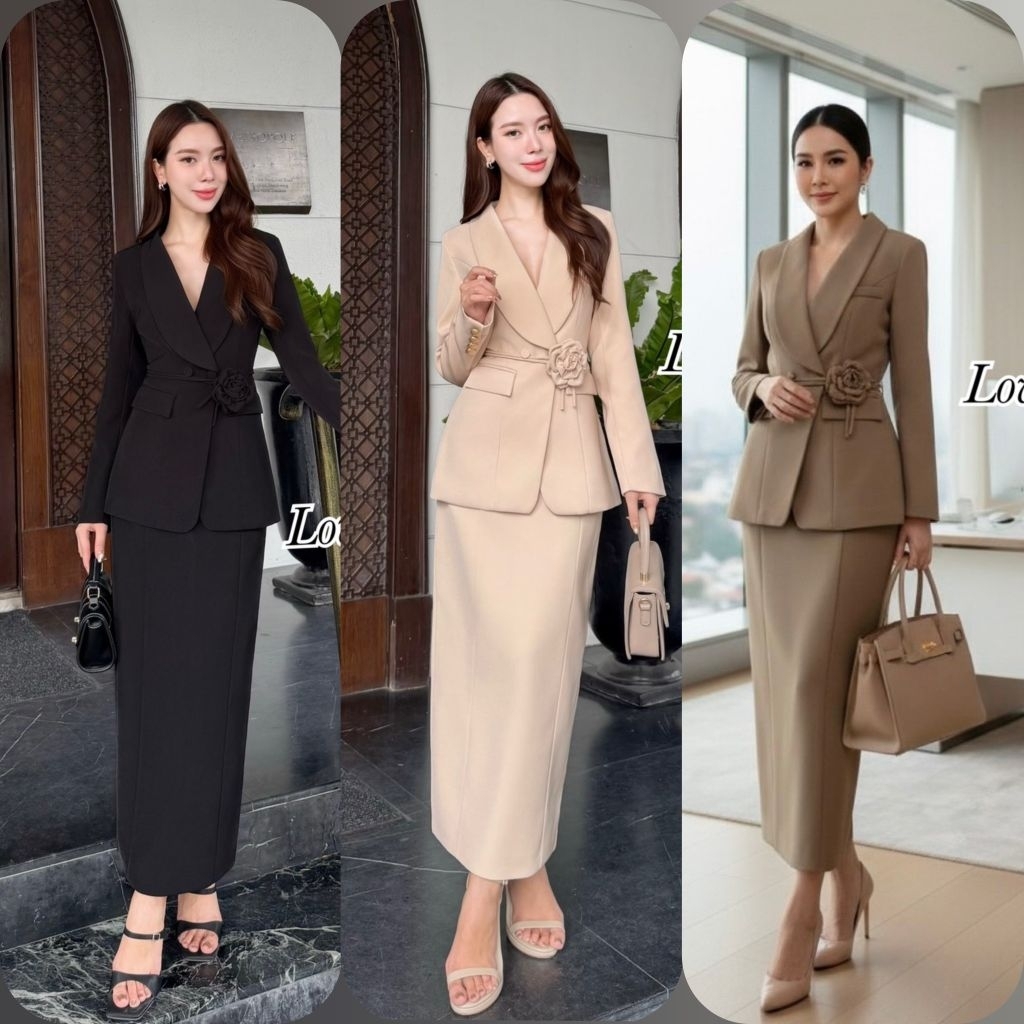 Lover shop● ชุดเซ็ตสูทเสื้อแขนยาว+กระโปรงยาวทรงสอบ