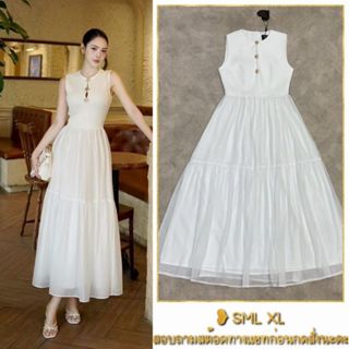❥S-XL เดรสแขนกุดสีขาว แต่งอะไหล่ทอง งานป้าย PISAMAI เดรสสีขา…