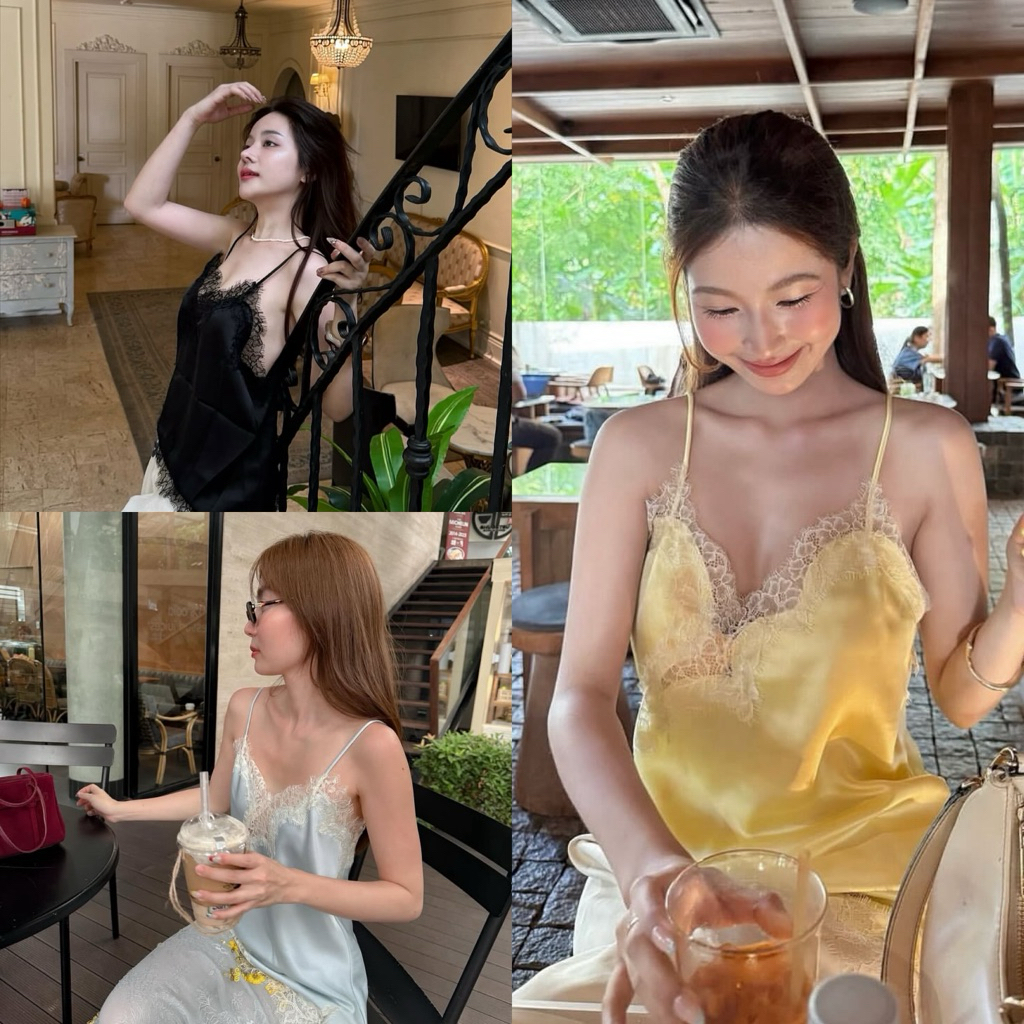 สายเดี่ยวลูกไม้ผ้าซาติน หลังเว้า ราคาถูก Shopee Lazada