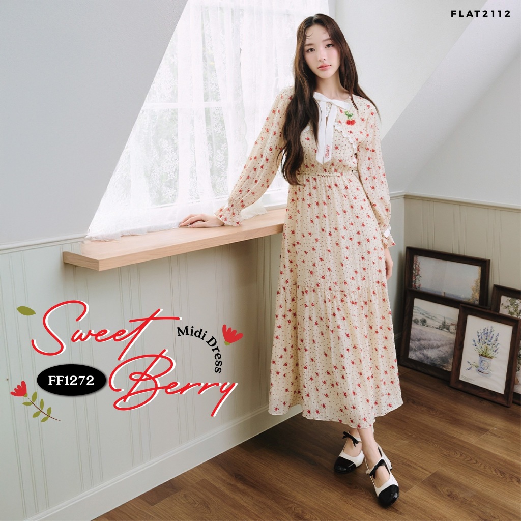 FLAT2112 : SWEET BERRY MIDI DRESS  เดรสยาวสุดปัง เดรสยาวลายดอกโทนครีม ใส่สบาย ผ้าพลิ้วเบา เดรสใส่เที่ยว (FF1272)
