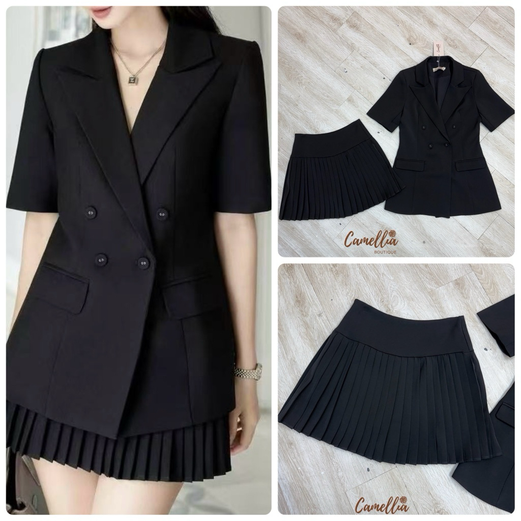 Camellia Set เสื้อคอปกสูท+กระโปรงพลีท ชุดใส่ทำงาน