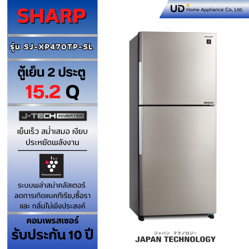 SHARP ตู้เย็น 2 ประตู Inverter MEGA Freezer ขนาด 15.2 คิว รุ่น SJ-XP470TP-DK, SJ-XP470TP-SL