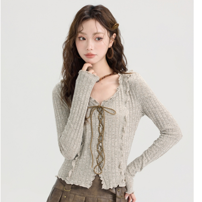 Lalisa พร้อมส่ง🍑เสื้อแขนยาวผู้หญิง คอวีแต่งเซื่อกผูก สีน้ำตาลดีไซน์เรียบหรูเสื้อกันหนาวเสื้อคาร์ดิแกนงานสวยแฟชั่นเกาหลี - รูปที่ 4