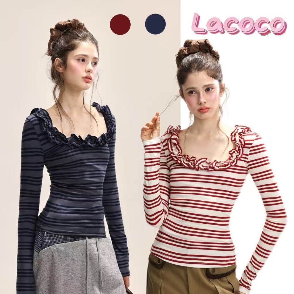 Lacoco คลังสินค้าพร้อม เสื้อลูกไม้คอยูเข้ารูปทรงหลวมสำหรับผู้หญิง ฤดูใบไม้ร่วง สไตล์อเมริกัน ดีไซน์แขนยาวลายทาง