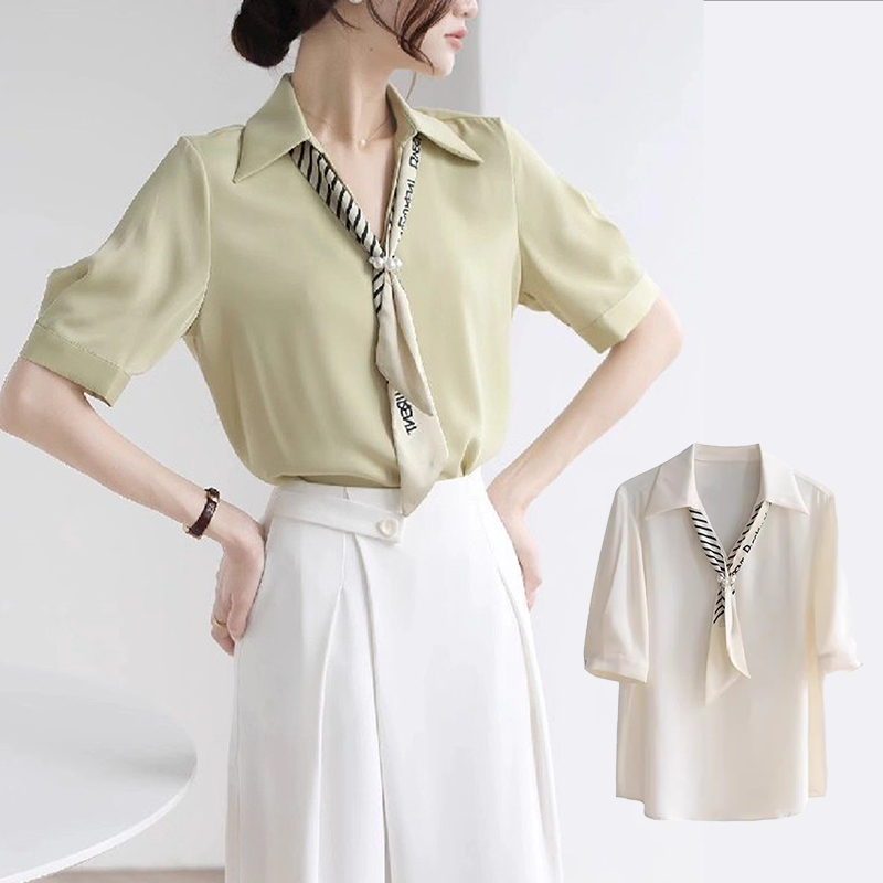 littlebee.shop เสื้อเชิ้ตแขนสั้นปกริบบิ้นมุก เสื้อเชิ้ตทำงานผ้าซาตินพร้อมผ้าพันคอไหม สำหรับผู้หญิง#99239