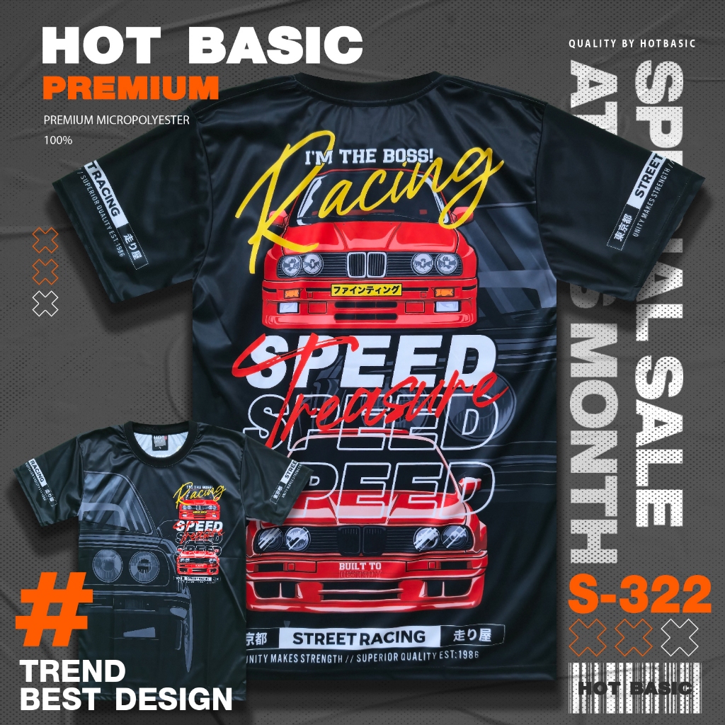 Hot Basic เสื้อยืดรถซิ่ง BMW สีแดง| สตรีท | พิมพ์ลายเต็มตัว | S322